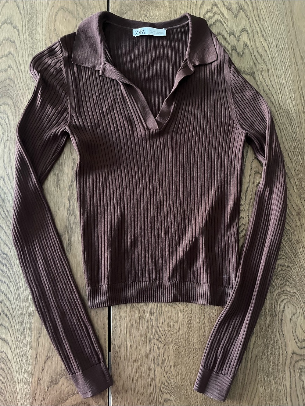 Zara Ribbed Long Sleeve Polo Top